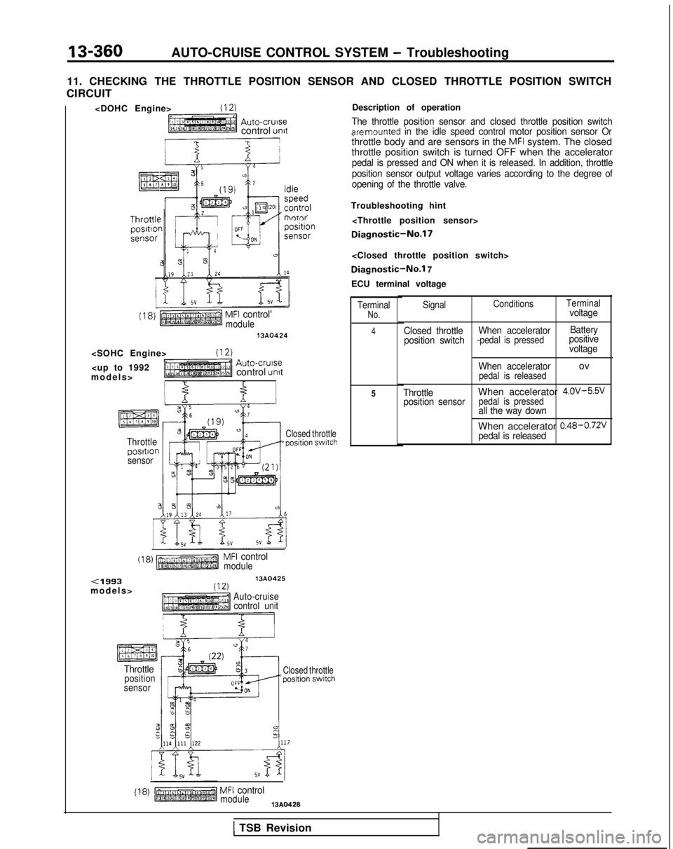 MITSUBISHI GALANT 1989 Service Repair Manual 13-360AUTO-CRUISE CONTROL SYSTEM - Troubleshooting
11. CHECKING THE THROTTLE POSITION SENSOR AND CLOSED THROTTLE POSITION S\
WITCH
CIRCUIT
<DOHC Engine> (12)
Auto-crursecontrol unit
I 2EB16 I
lntr’
MITSUBISHI GALANT 1989 Service Repair Manual 13-360AUTO-CRUISE CONTROL SYSTEM - Troubleshooting
11. CHECKING THE THROTTLE POSITION SENSOR AND CLOSED THROTTLE POSITION S\
WITCH
CIRCUIT
<DOHC Engine> (12)
Auto-crursecontrol unit
I 2EB16 I
lntr’