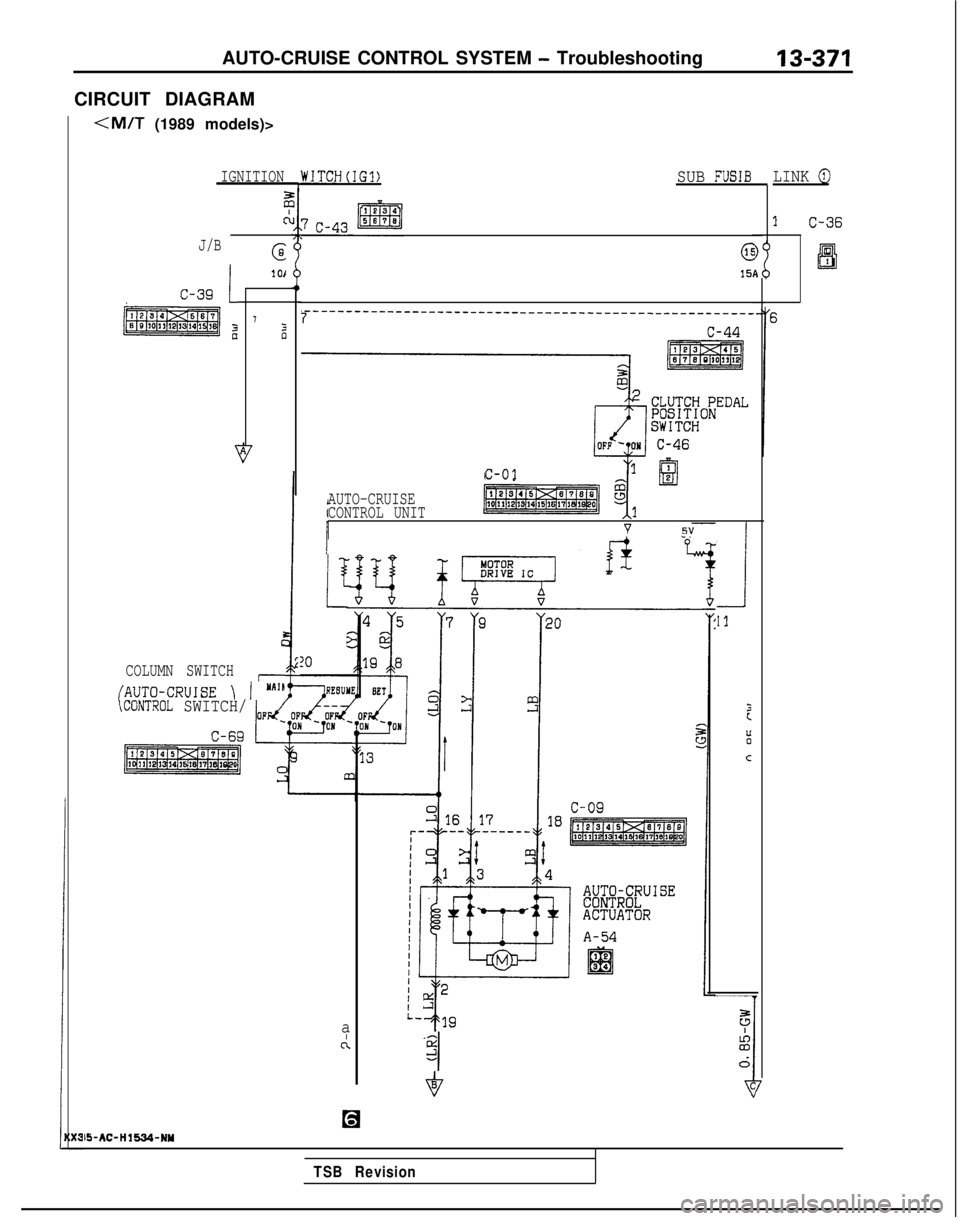 MITSUBISHI GALANT 1989  Service Repair Manual AUTO-CRUISE CONTROL SYSTEM - Troubleshooting13-371
CIRCUIT DIAGRAM
<M/T (1989 models)>
IGNITIONWITCH(IG1)SUB FUSIBLINK Q
J/B
COLUMN SWITCH
G
101
730
c
I/AUTO-CRUISE \ I YA*h
c-01
AUTO-CRUISE
CONTROL U
