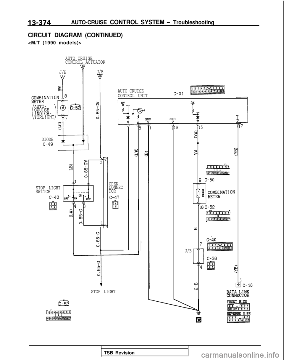 MITSUBISHI GALANT 1989  Service Repair Manual 13-374AUTO-CRUISE CONTROL SYSTEM - Troubleshooting
CIRCUIT DIAGRAM (CONTINUED)
J/B
<M/T (1990 models)>
AUTO CRUISECONTROL ACTUATOR
DIODE
c-49
J/B
1
STOP LIGHTSWITCH
C-48
f 2
B94
AUTO-CRUISE
CONTROL UN