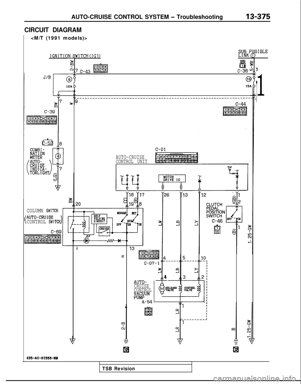 MITSUBISHI GALANT 1989  Service Repair Manual AUTO-CRUISE CONTROL SYSTEM - Troubleshooting13-375
CIRCUIT DIAGRAM
<M/T (1991 models)>
jIBLEbITCH(IG31Eil?
wc-h ’
@
151
IGNITIC
1
1
7
AUTO-CRUISE
CONTROL UNIT
5;
COLUMN GWITCH
AUTO-CRUIBECONTROL GW