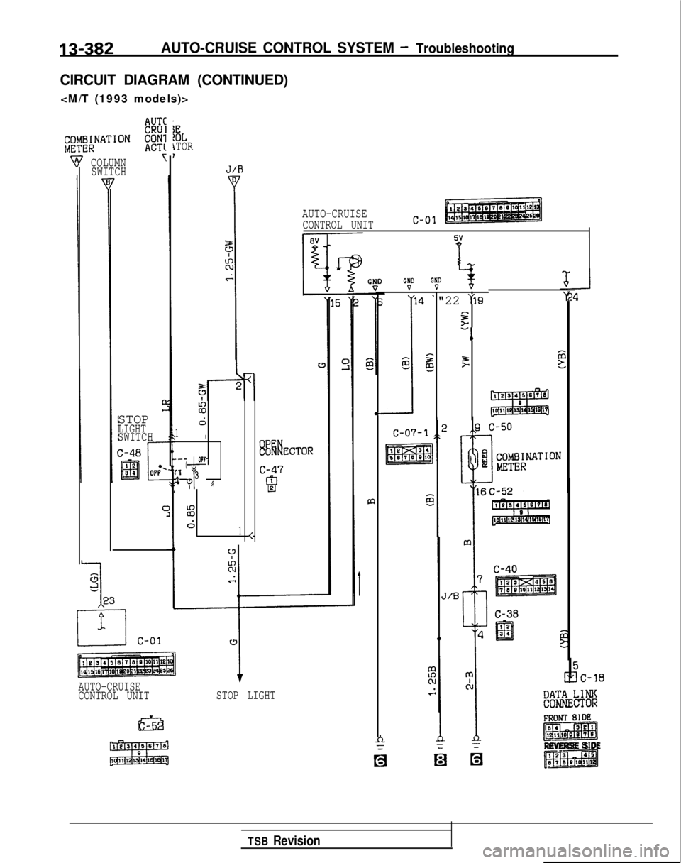 MITSUBISHI GALANT 1989  Service Repair Manual 13-382AUTO-CRUISE CONTROL SYSTEM - Troubleshooting
CIRCUIT DIAGRAM (CONTINUED)
<M/T (1993 models)>
r%FIANATION CA;;:
COLUMNT
SWITCH
P
STOP -LIGHT
SWITCH
C
ELTORAUTO-CRUISECONTROL UNIT
c-01
%
d
1,
.0-w