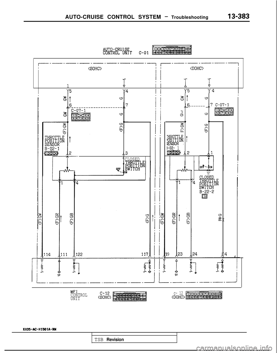 MITSUBISHI GALANT 1989  Service Repair Manual AUTO-CRUISE CONTROL SYSTEM - Troubleshooting 13-383
t%ii%Eii%i~T C-01
j-__-_____
(SOHC>-7 I----------
I I
(DOHC>
1
6
I I 1 6
Y5Y4Y5Y4
..3
"CLOSED
! I
I II ,
I II I
I II I
!
I I, 6
I II t
I I,z1) g
I I