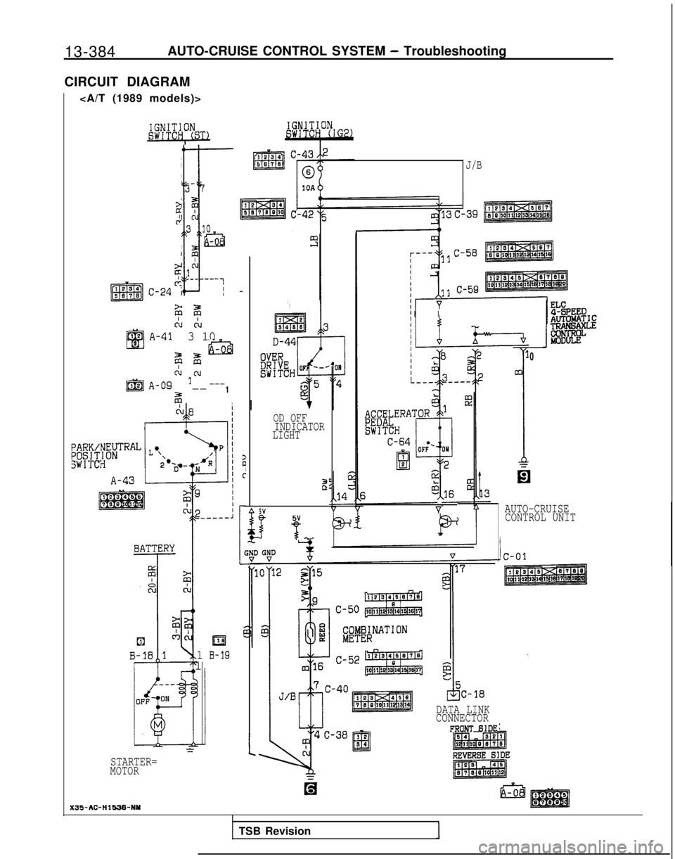 MITSUBISHI GALANT 1989  Service Repair Manual 13-384
AUTO-CRUISE CONTROL SYSTEM - Troubleshooting
CIRCUIT DIAGRAM <A/T (1989 models)>
J/B
C-58
2iCLC-24
2 z A 
C-L
A-41
3 -
3 10
F zm
A-09cu lcII---
z-- 1
111 c-59,234EBI3373
12IDa
gizJ
I I
0
1
ELC
