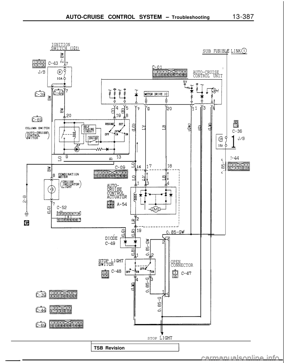 MITSUBISHI GALANT 1989  Service Repair Manual AUTO-CRUISE CONTROL SYSTEM - Troubleshooting
13-387
IGNITIONSWITCH (IGl)LINK@
aEl!1
C-36
1
J/B
SUB FUSII
c-01IAUTO-CRUISE
CONTROL UNIT
I1OAb 1
7-
1
B‘3
I
is+
-I
3
I
G
151
c
:
C
MJ
FV-@-=YQ
3"20
3
Yi