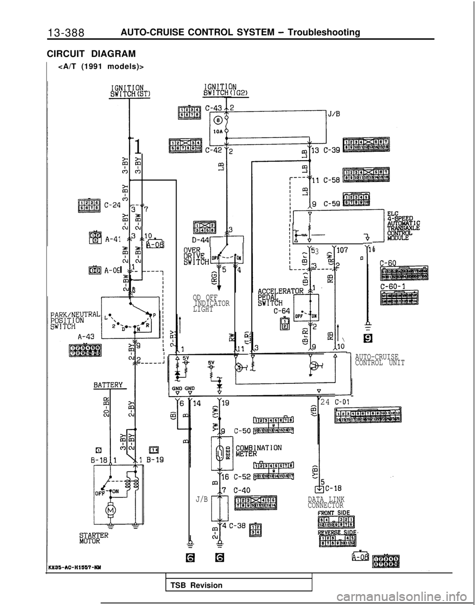 MITSUBISHI GALANT 1989  Service Repair Manual 13-388
AUTO-CRUISE CONTROL SYSTEM - Troubleshooting
CIRCUIT DIAGRAM <A/T (1991 models)>
IN:IG2)
@A-OS
IOA
1LC-42
2
tm34611
D-44;-
2
cb
,J-"7
25I
;$& Y
?‘- ----1
2i
43
c
z
chrI
%
CL
I 2
zl
d
I zc
ELC