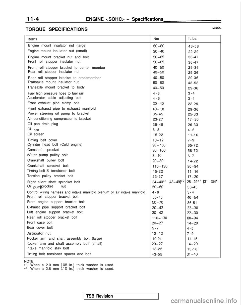MITSUBISHI GALANT 1989  Service Repair Manual II-4ENGINE <SOHC> - Specifications
TORQUE SPECIFICATIONS Items
Nm ft.lbs.
Engine mount insulator nut (large)
60-8043-58
Engrne mount insulator nut (small)30-4022-29
Engine mount bracket nut and bolt
5