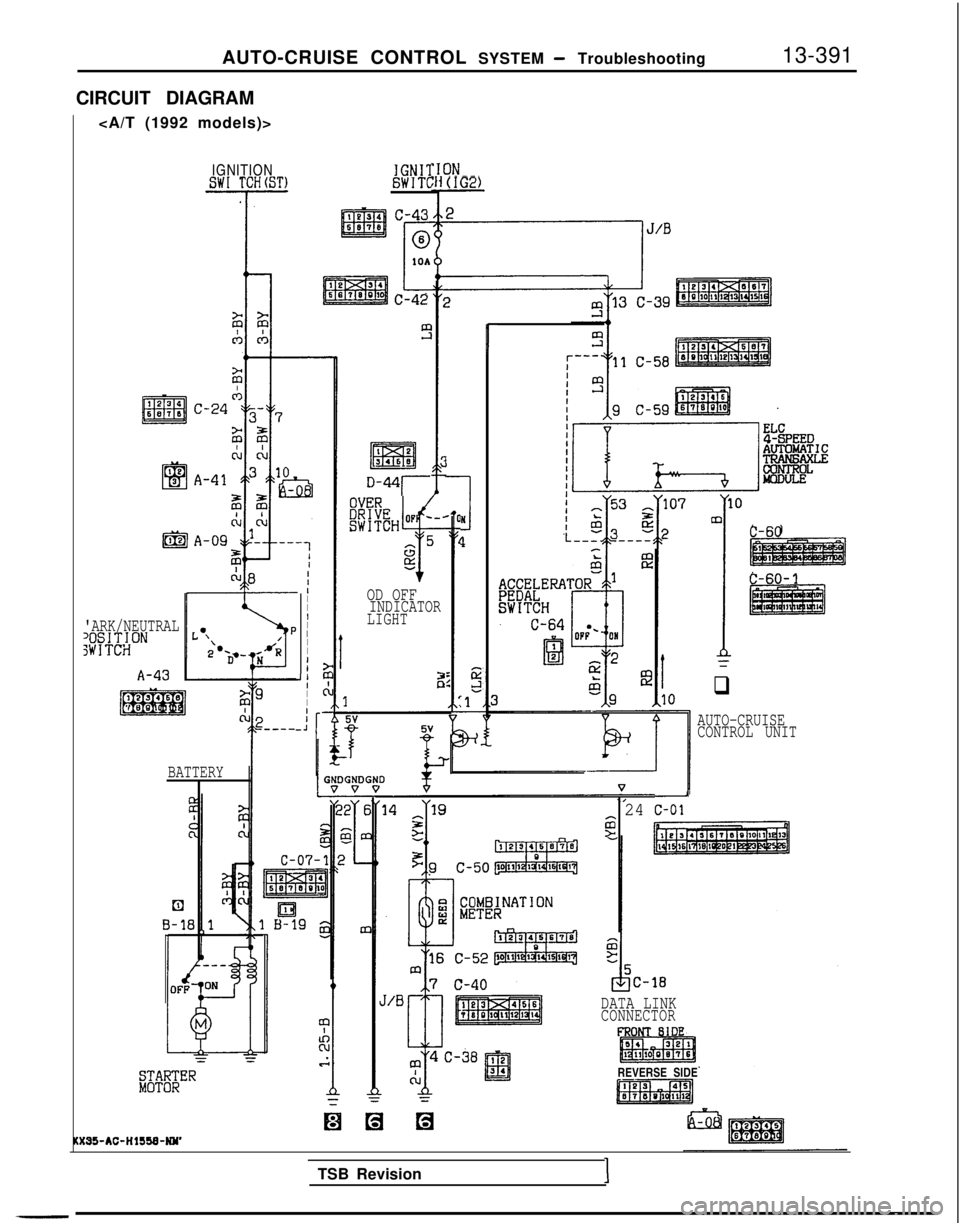 MITSUBISHI GALANT 1989  Service Repair Manual AUTO-CRUISE CONTROL 
SYSTEM - Troubleshooting13-391
CIRCUIT DIAGRAM <A/T (1992 models)>
IGNITION
IGNI’ISW1 TCH(ST)GWITC
c-43
C-42
(IG2)
I
1
D-441
r
I23a* A-41
C-60JN 1
62
=!
.1
IIII
I
I
I
II
I
IIJl