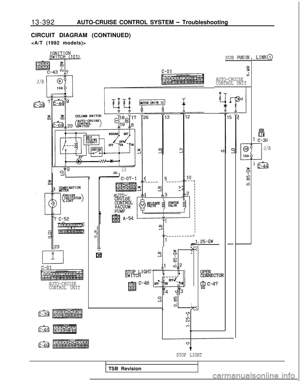 MITSUBISHI GALANT 1989  Service Repair Manual 13-392
AUTO-CRUISE CONTROL SYSTEM - Troubleshooting
J/B
CIRCUIT DIAGRAM (CONTINUED)
<A/T (1992 models)>
II1
d913m
1 i#f&NATION CRUISE
INDICATORLIGHT>
AUTO-CRUISE
CONTROL UNIT
mpliE%q_--
u
A
1 1 1
----