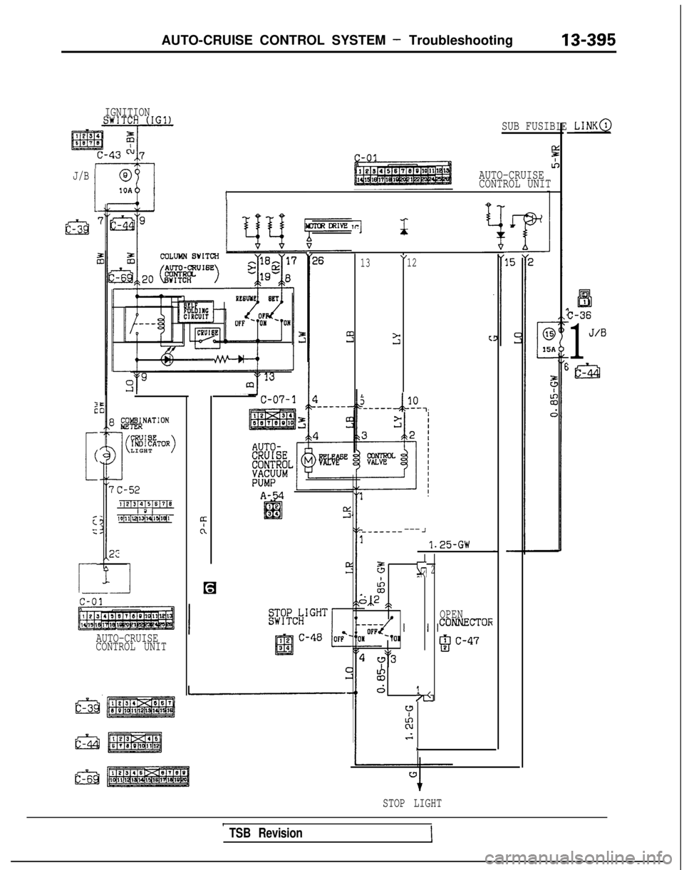 MITSUBISHI GALANT 1989  Service Repair Manual AUTO-CRUISE CONTROL SYSTEM - Troubleshooting
13-395
IGNITION
LE~ LINK@
cc
)
51
C-36
1
J/B
;a
SUB FUSIB
c-013
IIAUTO-CRUISE
CONTROL UNIT
1
J/B
I
m
3C
[
(
cz
r
r’l-J*
”13
12 3
c
5A10----- 
---I
Zg