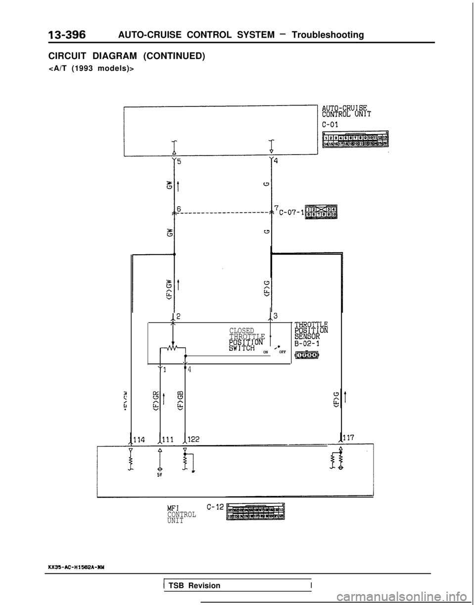 MITSUBISHI GALANT 1989  Service Repair Manual 13-396AUTO-CRUISE CONTROL SYSTEM - Troubleshooting
CIRCUIT DIAGRAM (CONTINUED) <A/T (1993 models)>
P
6.
,,2,,3I-.
CLOSEDTHROTTLE 0 !g#~ON
 
,.ONOFF
.,
“1"4
B-02-1
mj)
MFIc-12CONTROL
UNIT
KX35-AC-Iil