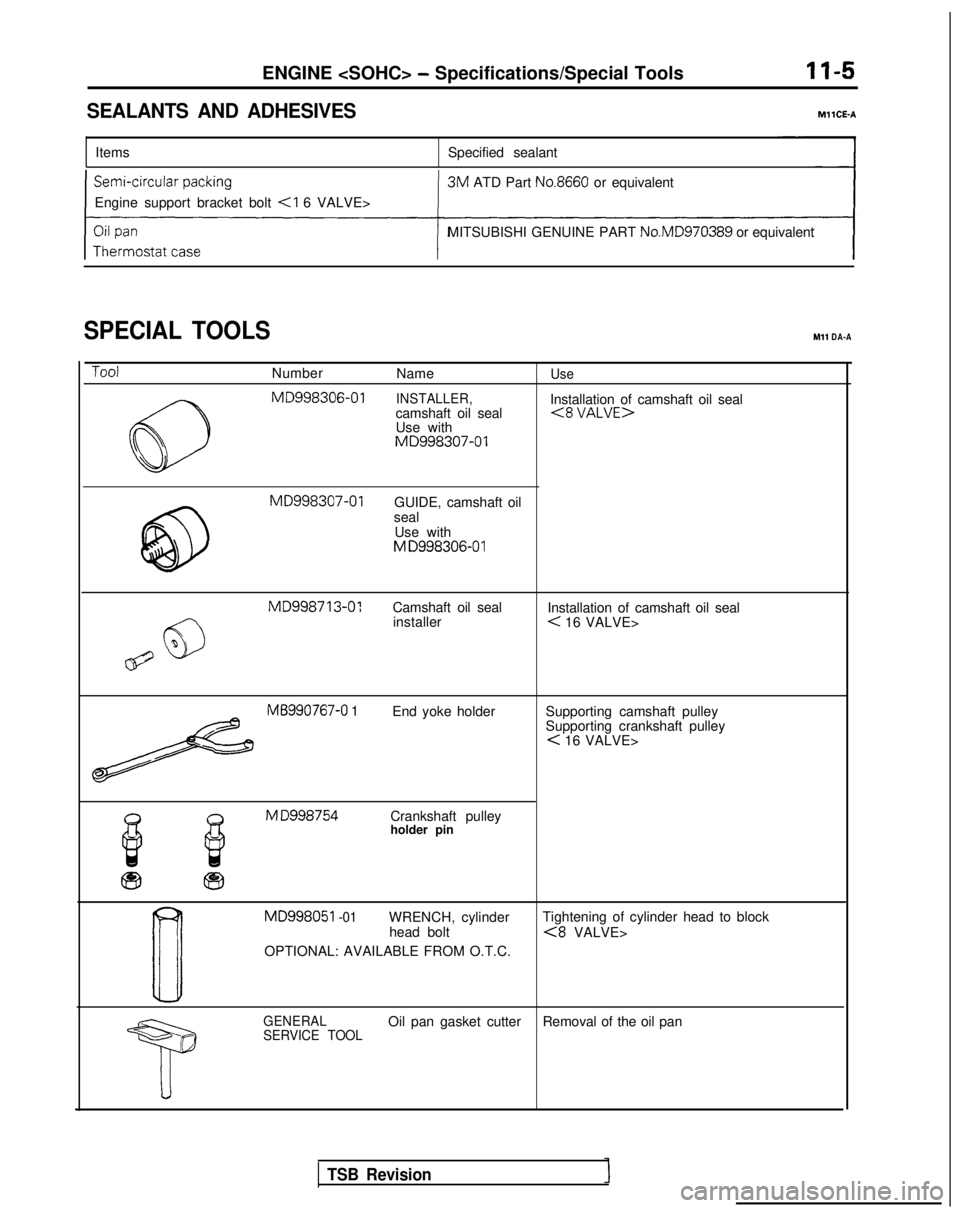 MITSUBISHI GALANT 1989  Service Workshop Manual ENGINE <SOHC> - Specifications/Special Tools
SEALANTS AND ADHESIVESMllCE-A
Items
Specified sealant
Engine support bracket bolt 
<I 6 VALVE> 3M
 ATD Part 
No.8660 or equivalent
MITSUBISHI GENUINE PART 