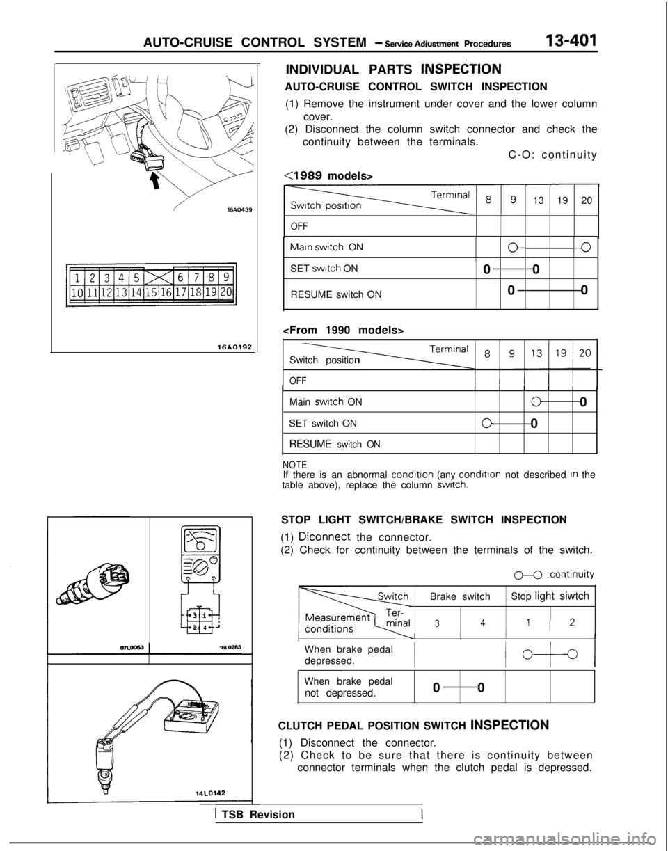 MITSUBISHI GALANT 1989 Service Repair Manual AUTO-CRUISE CONTROL SYSTEM - Setice Adiustment Procedures13-401
16AO192
--
Ib/-
SJy-
iii
3 1
24
J
14LO142
INDIVIDUAL PARTS INSPEtiTION
AUTO-CRUISE CONTROL SWITCH INSPECTION
(1) Remove the instrument MITSUBISHI GALANT 1989 Service Repair Manual AUTO-CRUISE CONTROL SYSTEM - Setice Adiustment Procedures13-401
16AO192
--
Ib/-
SJy-
iii
3 1
24
J
14LO142
INDIVIDUAL PARTS INSPEtiTION
AUTO-CRUISE CONTROL SWITCH INSPECTION
(1) Remove the instrument