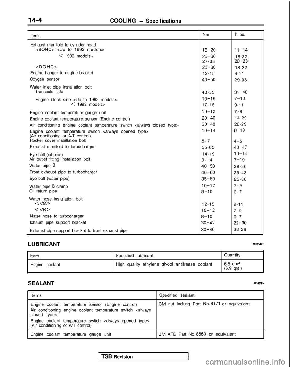 MITSUBISHI GALANT 1989 Service Repair Manual 14-4COOLING-Specifications
Items
Exhaust manifold to cylinder head <SOHC> <Up to 1992 models>
< 1993 models>
<DOHC
>
Engine hanger to engine bracket
Oxygen sensor
Water inlet pipe installation bolt T MITSUBISHI GALANT 1989 Service Repair Manual 14-4COOLING-Specifications
Items
Exhaust manifold to cylinder head <SOHC> <Up to 1992 models>
< 1993 models>
<DOHC
>
Engine hanger to engine bracket
Oxygen sensor
Water inlet pipe installation bolt T