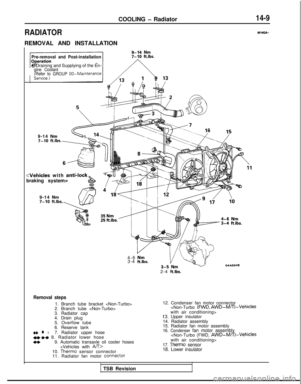 MITSUBISHI GALANT 1989  Service Repair Manual COOLING - Radiator
RADIATOR
REMOVAL AND INSTALLATION
14-9
M14OA-
Pre-removal and Post-installation
@Draining and Supplying of the En-gine Coolant
(Refer toGROUP 00-Maintenancekervice.)
9-14 Nm
(j/-&j
