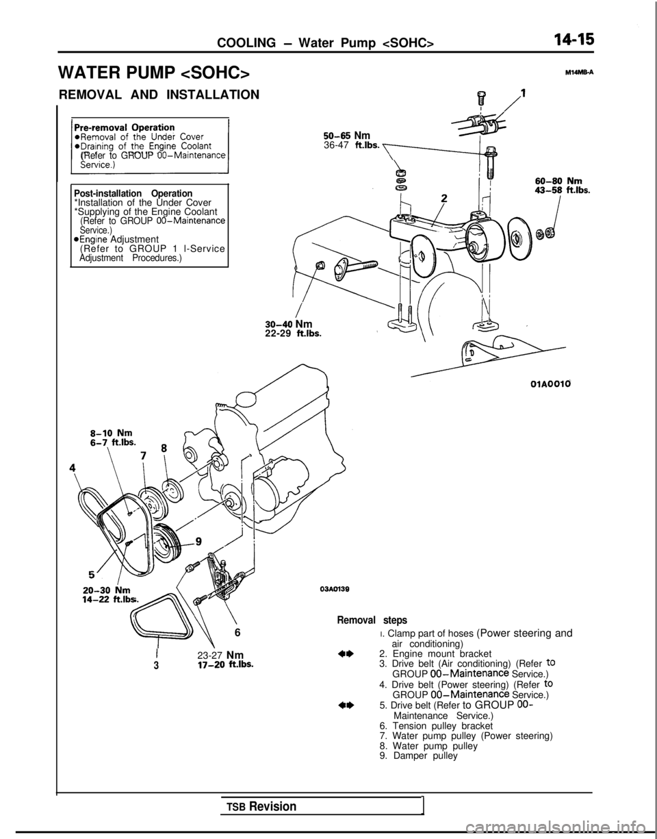 MITSUBISHI GALANT 1989  Service Repair Manual COOLING - Water Pump <SOHC>
WATER PUMP <SOHC> REMOVAL AND INSTALLATION14-15
M14MEA
? /’I
50-65 Nm36-47 ft.lbs. a(Refer to GROUP 00-Maintenance
Post-installation Operation*Installation of the Under C