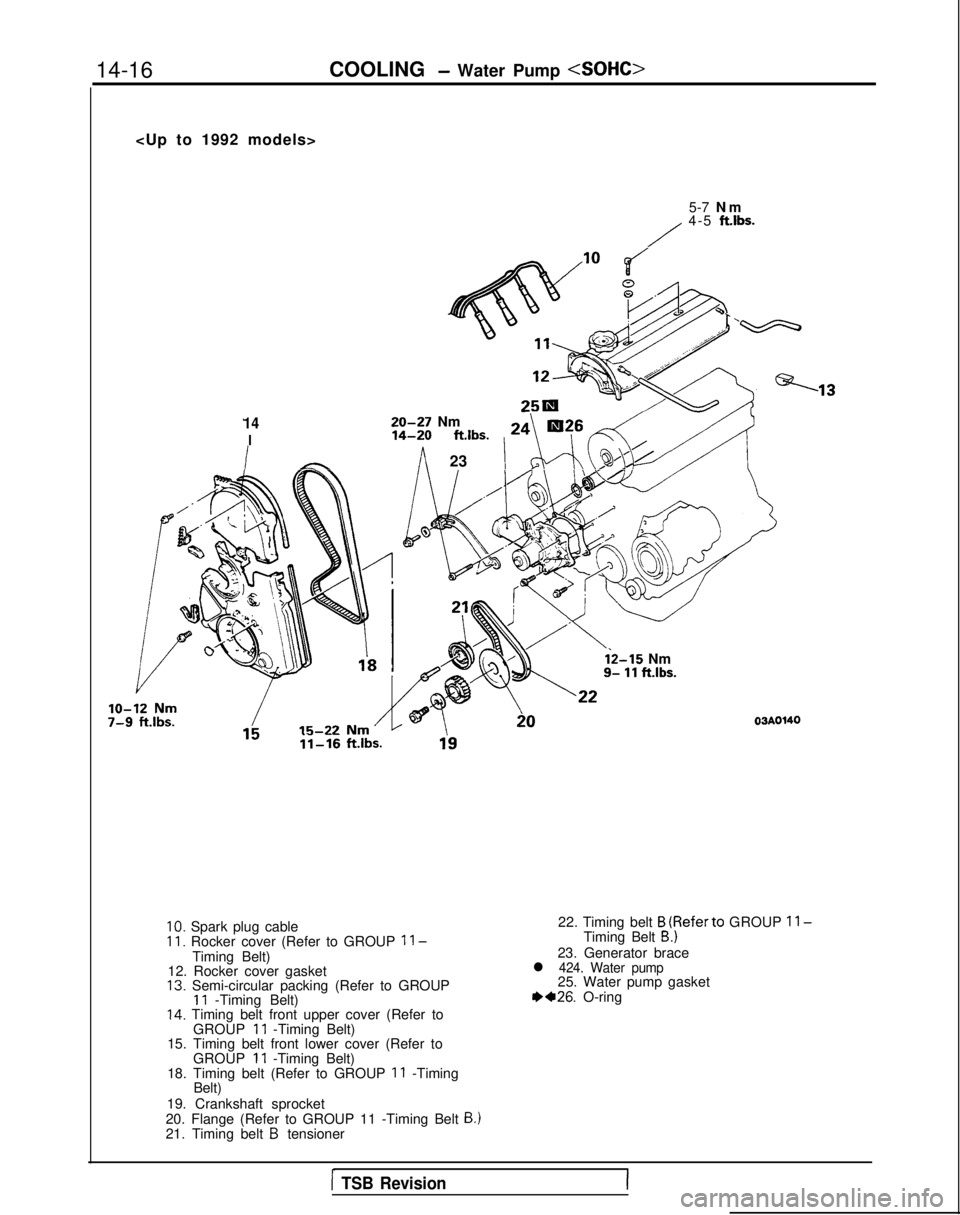 MITSUBISHI GALANT 1989  Service Repair Manual 14-16
COOLING - Water Pump <SOHC>
<Up to 1992 models>
5-7 N
 m
/
4-5 
ftlbs.
1420-27 Nm
I14-20 
ftlbs.
 24 ’
\ ‘G\@;&
\“7”f=-is .
In23
ii-16  ftlbs.
i2-15 Nm9- 11 ft.lbs.
03AOWO
10. Spark plug