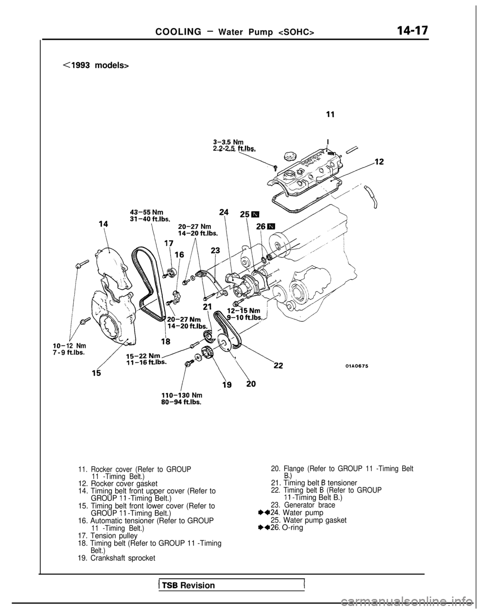 MITSUBISHI GALANT 1989  Service Repair Manual COOLING - Water Pump <SOHC>14-w
10-7-

9
Cl993 models>
43-55 Nm31-40 ftlbs.
\
20-27 Nm14-20  ftlbs.
3-3.5 NmI
2.2-2.5 ftlbs.
y
12 Nm ftlbs.
i,4-2Oft.l;~
Nrn’x@<,I 1-16 ft.lbs.,
OlAO675
I110-130 Nm80