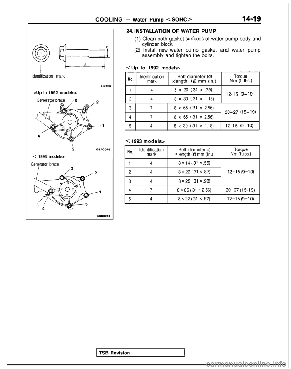 MITSUBISHI GALANT 1989  Service Repair Manual COOLING - Water Pump <SOHC>14-19
Identification mark
<Up to 1992 models>
504A0046
< 1993 models>
Generator brace
6c00010
24.lNSTALLATlON OF WATER PUMP
(1) Clean both gasket 
surfaces of water pump bod