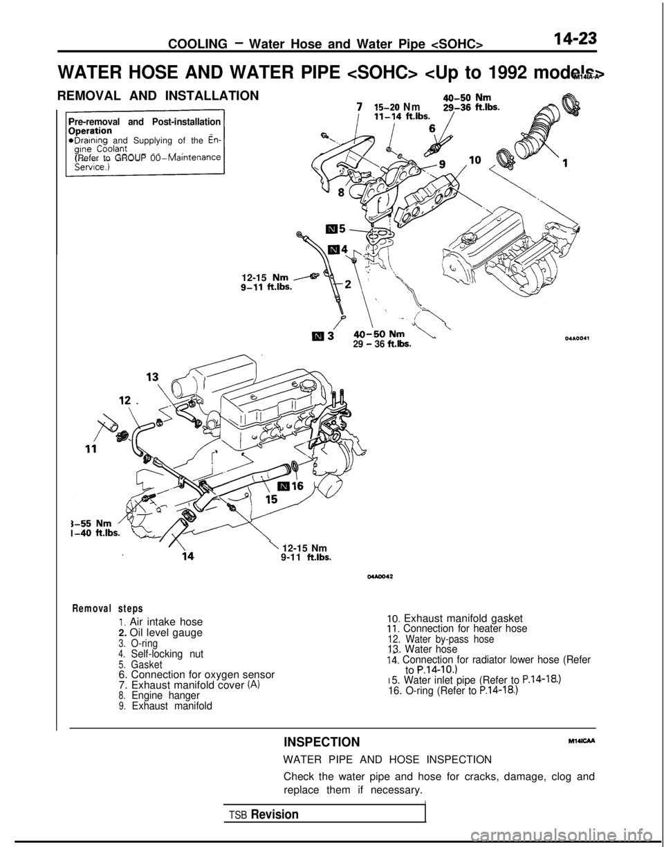 MITSUBISHI GALANT 1989  Service Repair Manual COOLING - Water Hose and Water Pipe <SOHC>14-23
WATER HOSE AND WATER PIPE <SOHC> <Up to 1992 models>MldA-A
REMOVAL AND INSTALLATION
Pre-removal and Post-installation
*Draining and Supplying of the En-