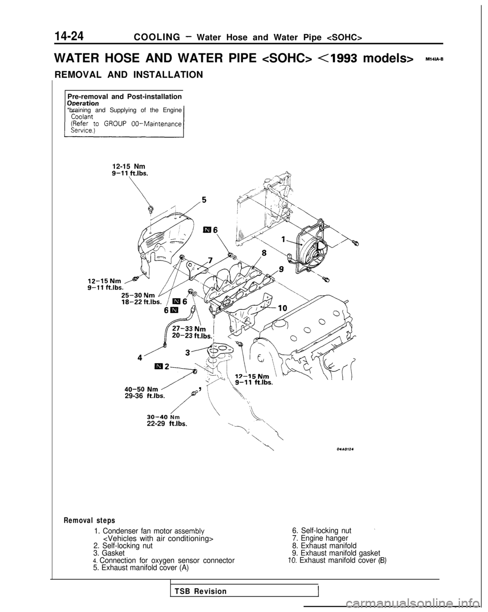 MITSUBISHI GALANT 1989  Service Repair Manual 14-24COOLING - Water Hose and Water Pipe <SOHC>
WATER HOSE AND WATER PIPE <SOHC> 
<I993 models> M141A-B
REMOVAL AND INSTALLATION
Pre-removal and Post-installation
ODeration*braining and Supplying of t
