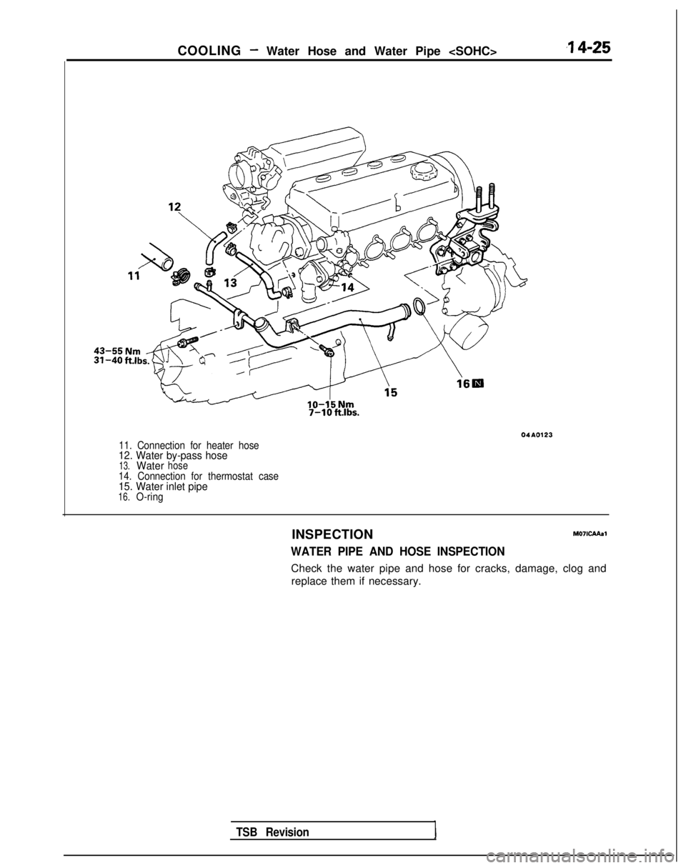 MITSUBISHI GALANT 1989  Service Repair Manual COOLING - Water Hose and Water Pipe <SOHC>,I 4-25
7-lOft.lbs.
04AO123
11. Connection for heater hose12. Water by-pass hose13.Waterhose14. Connection for thermostat case15. Water inlet pipe16.O-ring
TS