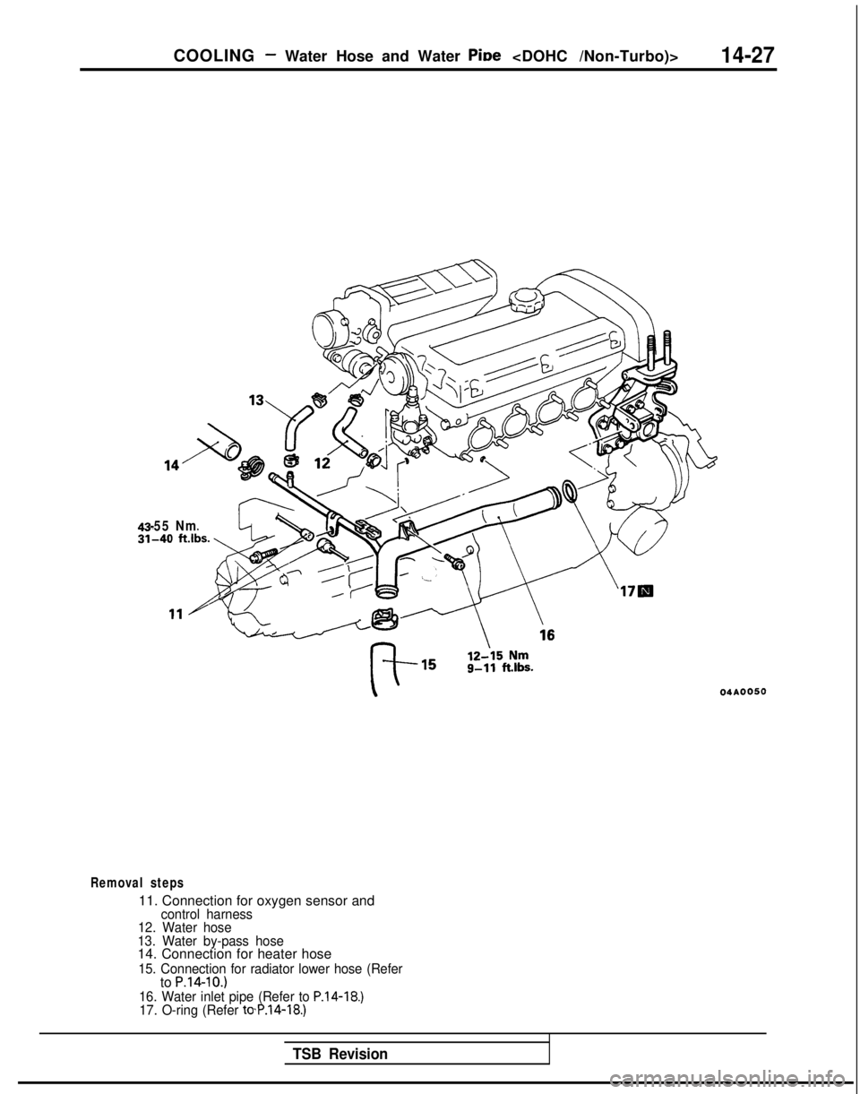 MITSUBISHI GALANT 1989  Service Repair Manual COOLING - Water Hose and Water PiDe <DOHC /Non-Turbo)>14-27
-55 Nm
Removal steps
11. Connection for oxygen sensor andcontrol harness
12. Water hose
13. Water by-pass hose
14. Connection for heater hos