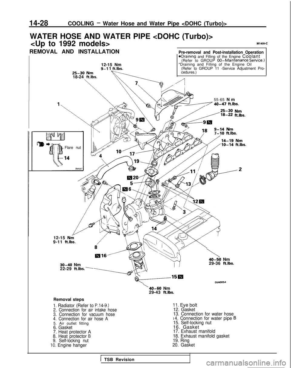MITSUBISHI GALANT 1989  Service Repair Manual 14-28COOLING - Water Hose and Water Pipe <DOHC (Turbo)>
WATER HOSE AND WATER PIPE <DOHC (Turbo)> <Up to 1992 models>
Pre-removal and Post-installation Operation 1eDraining and Filling of the Engine Co