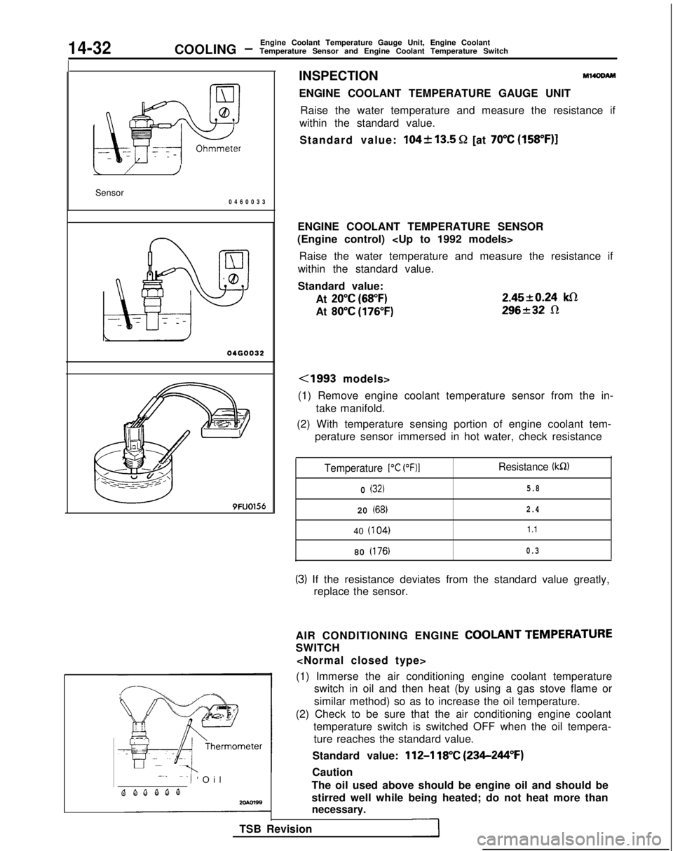MITSUBISHI GALANT 1989 Service Repair Manual 14-32COOLING -Engine Coolant Temperature Gauge Unit, Engine Coolant
Temperature Sensor and Engine Coolant Temperature Switch
/
Sensor
J
046003
3
04GOO32
9FUO156
---
--I ‘Oi
l
QQQQQQ2cmn99
INSPECTI MITSUBISHI GALANT 1989 Service Repair Manual 14-32COOLING -Engine Coolant Temperature Gauge Unit, Engine Coolant
Temperature Sensor and Engine Coolant Temperature Switch
/
Sensor
J
046003
3
04GOO32
9FUO156
---
--I ‘Oi
l
QQQQQQ2cmn99
INSPECTI