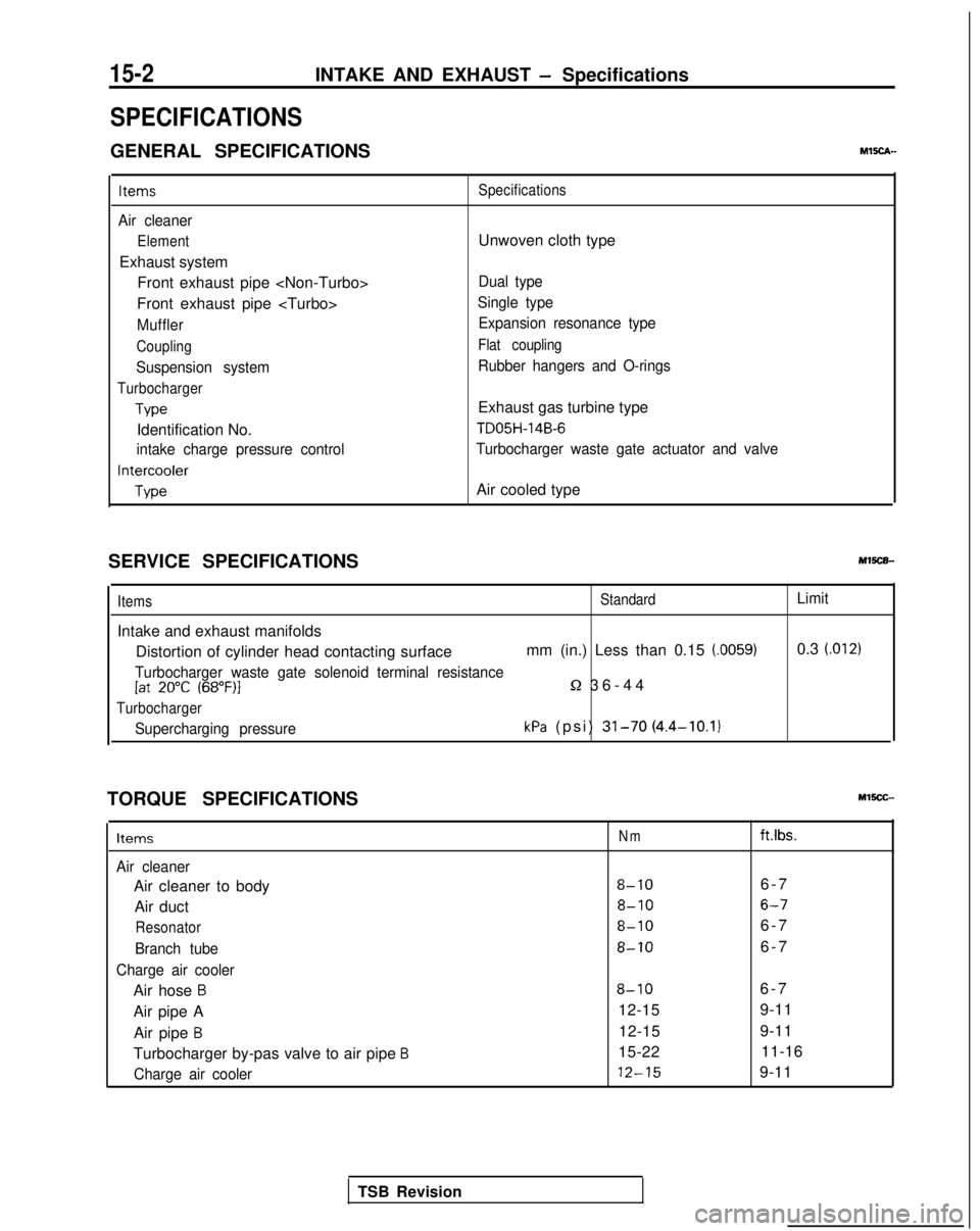 MITSUBISHI GALANT 1989  Service Repair Manual 15-2INTAKE AND EXHAUST - Specifications
SPECIFICATIONS
GENERAL SPECIFICATIONSMEch-
Items
Air cleaner
Element
Exhaust systemFront exhaust pipe <Non-Turbo>
Front exhaust pipe <Turbo>
Muffler
Coupling
Su