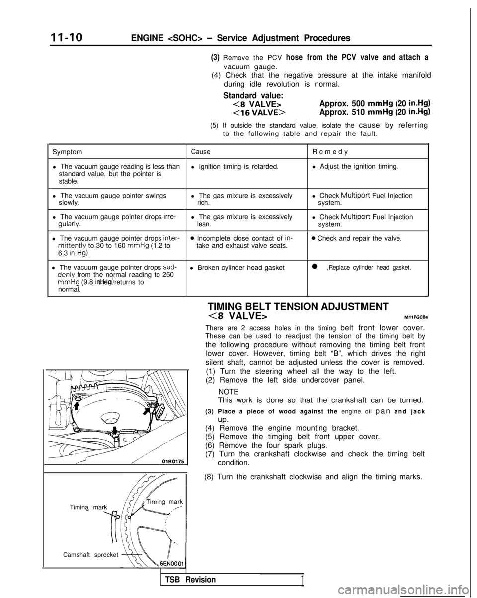 MITSUBISHI GALANT 1989  Service Workshop Manual II-IOENGINE <SOHC> - Service Adjustment Procedures
(3) Remove the PCV hose from the PCV valve and attach a
vacuum gauge.
(4) Check that the negative pressure at the intake manifold
during idle revolut