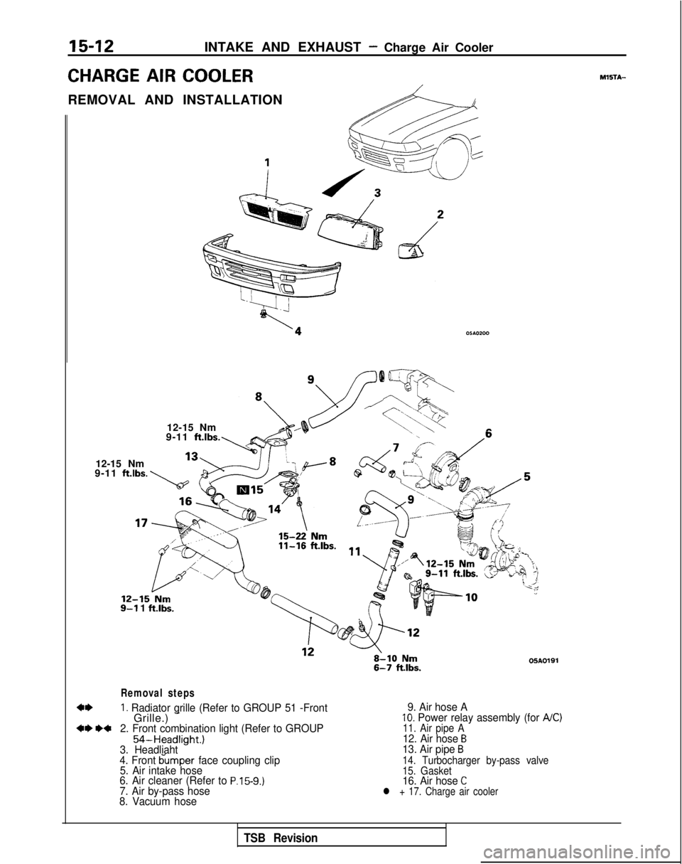 MITSUBISHI GALANT 1989 Service Repair Manual 15-12INTAKE AND EXHAUST - Charge Air Cooler
CHARGE AIR COOLER
REMOVAL AND INSTALLATION
A
12-15 Nm&-2-s--
TX.<.\-@
\\’ 19-11 ft.lbs.,_
12-15 Nm
9-11 ftlbs.
12-15-Nm9-l 1 ft.lbs.
05A0191
Removal step MITSUBISHI GALANT 1989 Service Repair Manual 15-12INTAKE AND EXHAUST - Charge Air Cooler
CHARGE AIR COOLER
REMOVAL AND INSTALLATION
A
12-15 Nm&-2-s--
TX.<.\-@
\\’ 19-11 ft.lbs.,_
12-15 Nm
9-11 ftlbs.
12-15-Nm9-l 1 ft.lbs.
05A0191
Removal step