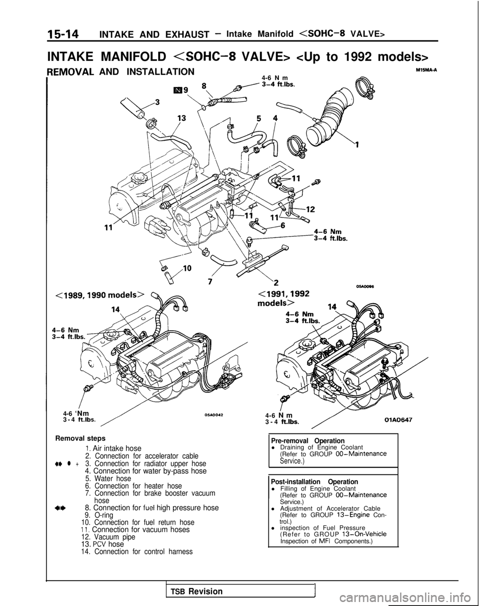 MITSUBISHI GALANT 1989 Service Repair Manual 15-14INTAKE AND EXHAUST -Intake Manifold <SOHC-8 VALVE>
INTAKE MANIFOLD
<SOHC-8 VALVE> <Up to 1992 models> {EMOVAL
AND INSTALLATION
4-6 Nm
Y “1 ~/c 3-4 ft.‘bs.At
4-6 ‘Nm
3-4 ft.lbs.
Removal ste MITSUBISHI GALANT 1989 Service Repair Manual 15-14INTAKE AND EXHAUST -Intake Manifold <SOHC-8 VALVE>
INTAKE MANIFOLD
<SOHC-8 VALVE> <Up to 1992 models> {EMOVAL
AND INSTALLATION
4-6 Nm
Y “1 ~/c 3-4 ft.‘bs.At
4-6 ‘Nm
3-4 ft.lbs.
Removal ste