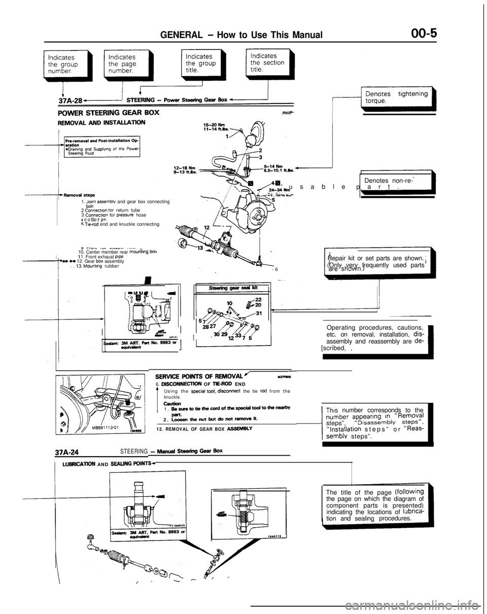 MITSUBISHI GALANT 1989  Service Repair Manual GENERAL - How to Use This Manual
QfitIIICQ CTEEQINC CFAR RnY..^-TV..&” Y.LLI.II.Y Y_.. w-1.
REMOVAL AND INSTALLATION
1, Jpn assemble and gear box connecting
2 Connectlo” for return tube
3  Connect