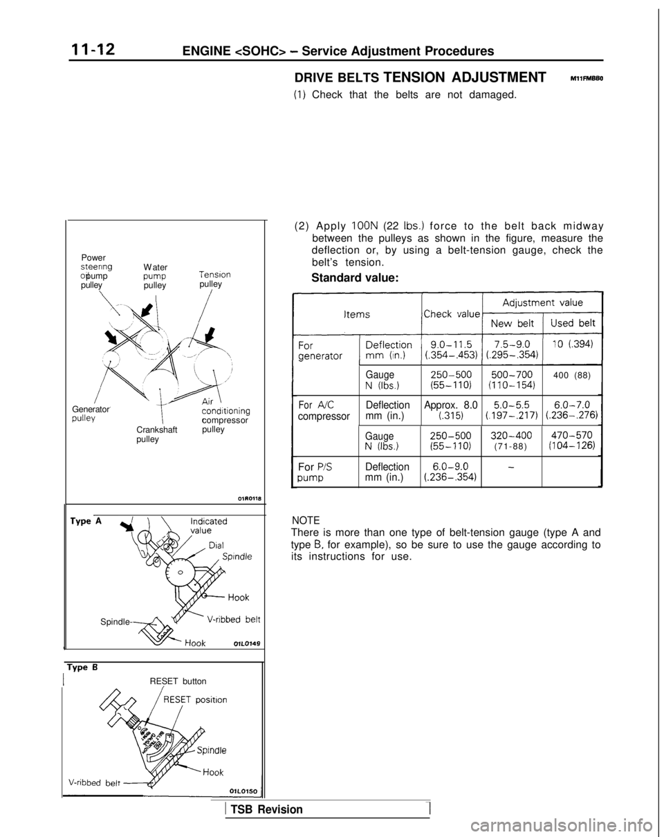 MITSUBISHI GALANT 1989  Service Manual PDF 11-12ENGINE <SOHC> - Service Adjustment Procedures
DRIVE BELTS TENSION ADJUSTMENT
MllFMBBO
(1) Check that the belts are not damaged.
Power steenng
oil pump
pulley
\
W
 ater
pump
pulley
I Tension
pulle