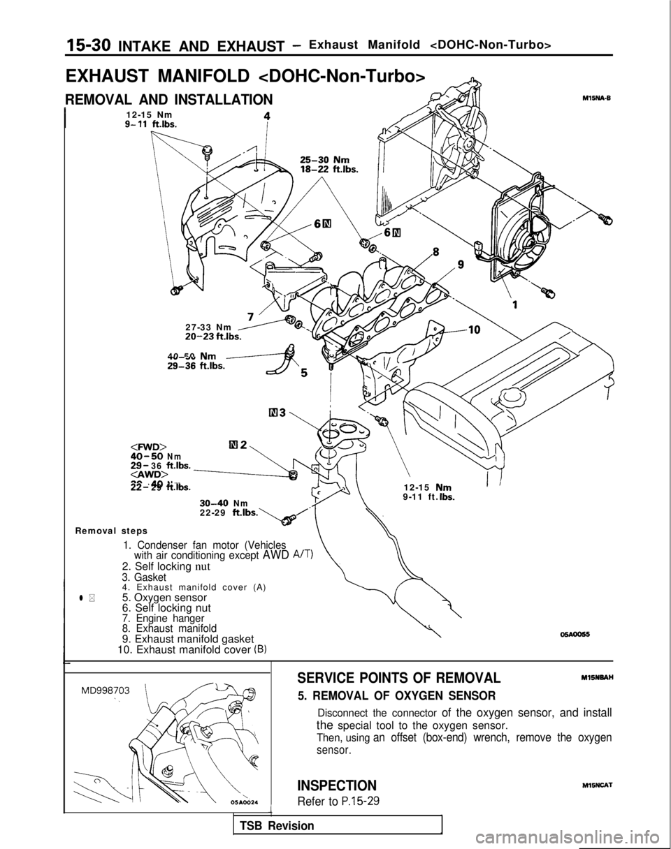 MITSUBISHI GALANT 1989  Service Repair Manual 15-30 INTAKE AND EXHAUST -Exhaust Manifold <DOHC-Non-Turbo>
EXHAUST MANIFOLD <DOHC-Non-Turbo>
REMOVAL AND INSTALLATION
I12-15 Nm9- 11ft.lbs.
27-33 Nm20-23 fklbs.
40 50 Nm29136 ft.lbs.yAS
<FWD>40-50Nm2