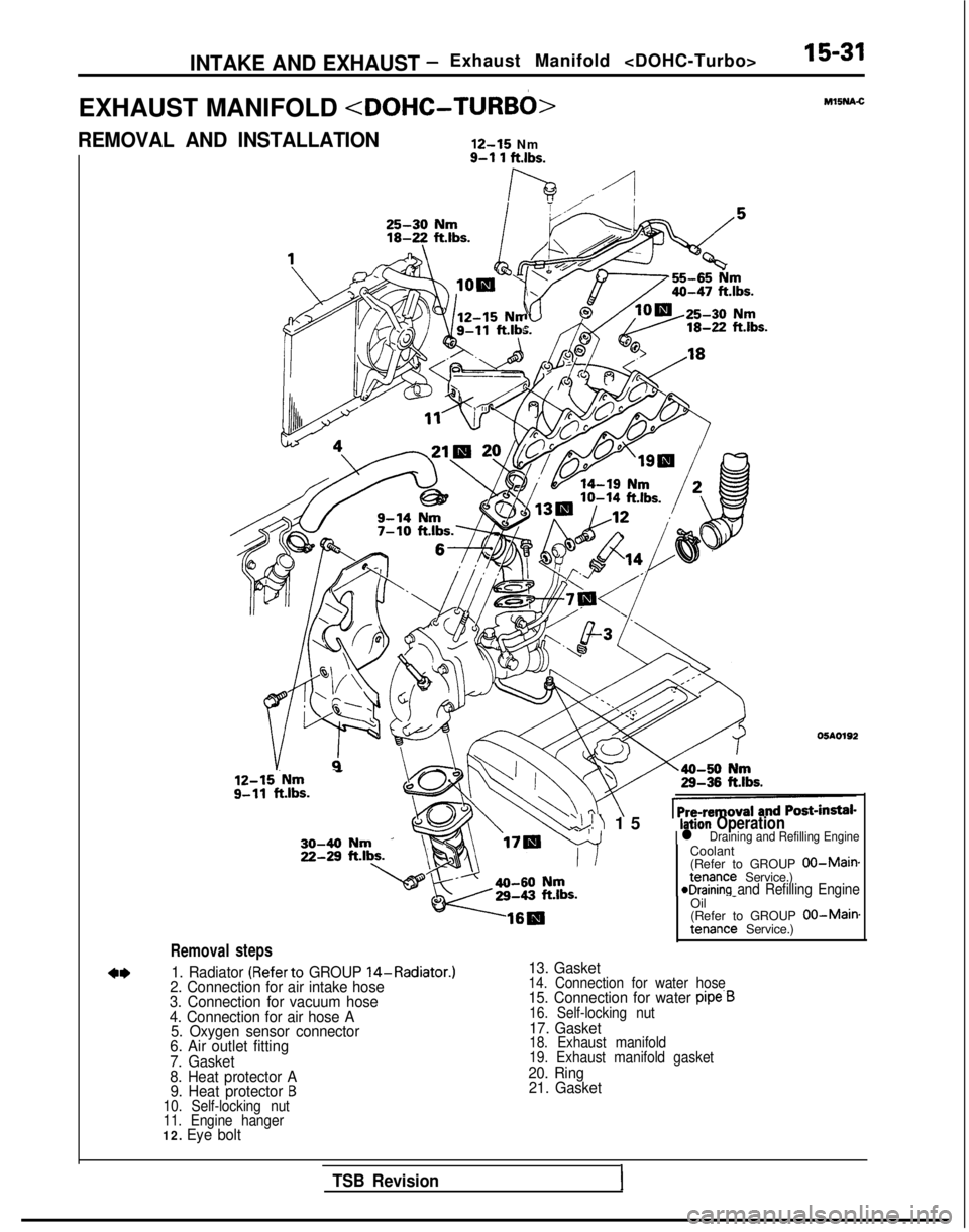 MITSUBISHI GALANT 1989  Service Repair Manual INTAKE AND EXHAUST -Exhaust Manifold <DOHC-Turbo>15-31
EXHAUST MANIFOLD <DOHC-TURBO>
REMOVAL AND INSTALLATION
12-15
 Nm
Removal
12-15.Nm - g-11
 ft.lbs.
steps
9-l 1 ftlbs.
lh ./-I
‘Uc Ml5NA.C
05AO19