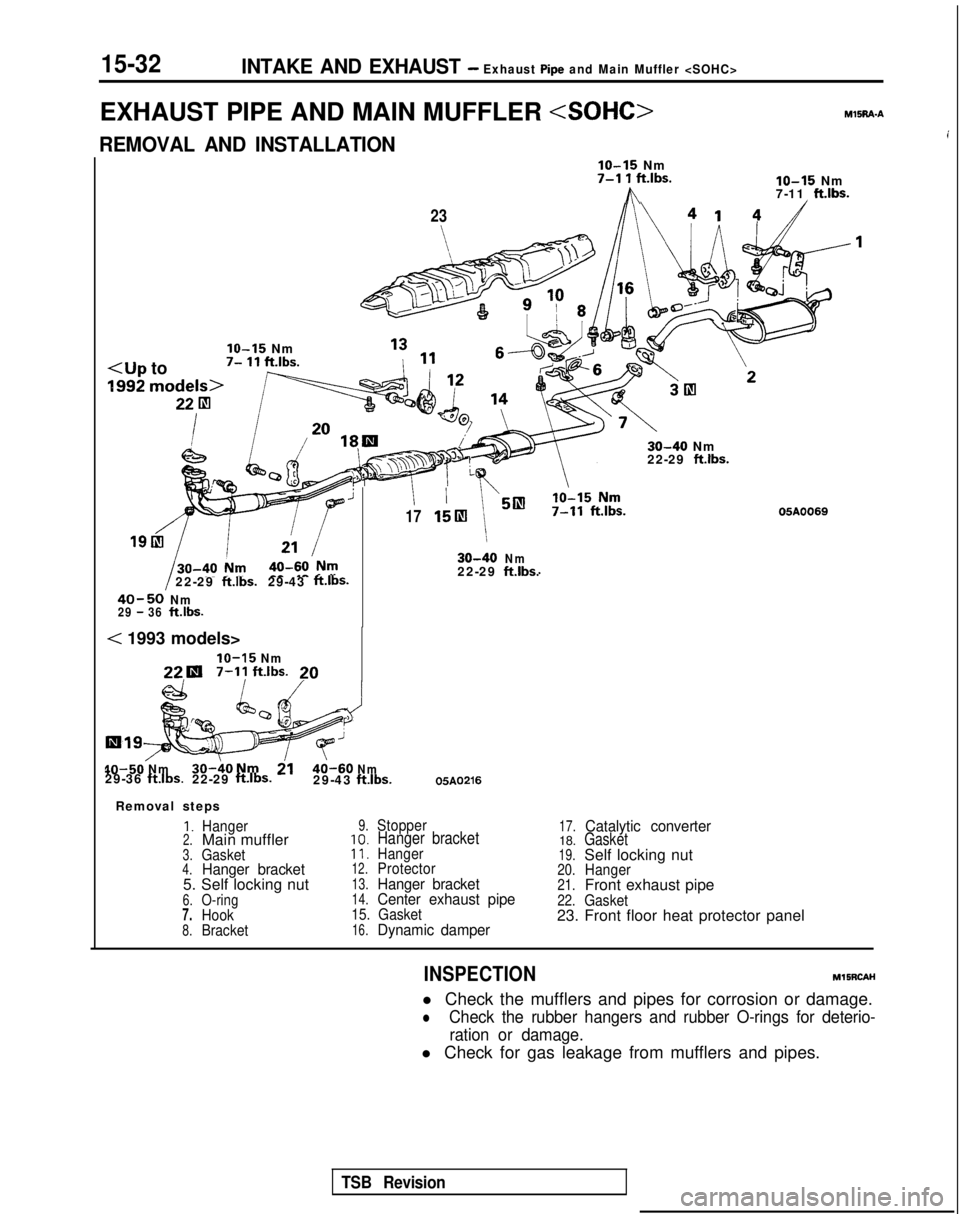 MITSUBISHI GALANT 1989  Service Repair Manual 15-32INTAKE AND EXHAUST - Exhaust Pipe and Main Muffler <SOHC>
EXHAUST PIPE AND MAIN MUFFLER <SOHC>M15RA.A
iREMOVAL AND INSTALLATION
IO-15 Nm7-l 1 ft.lbs.
h
lo-15 Nm
7-11 ft.lbs.
<up to
IO-15 Nm7- 11 