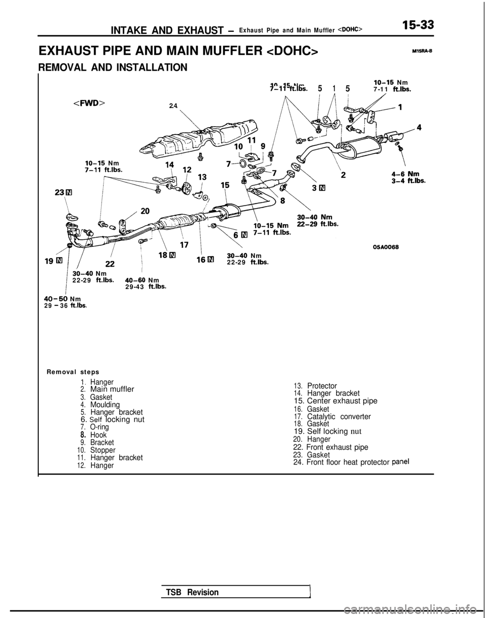MITSUBISHI GALANT 1989  Service Repair Manual INTAKE AND EXHAUST -Exhaust Pipe and Main Muffler <DOHC>
EXHAUST PIPE AND MAIN MUFFLER <DOHC>
15-33M15R4-8
REMOVAL AND INSTALLATION
<FWD>24
IO-15 Nmlo-15 Nm
7-11ft.lbs.5157-11ft.lbs.,
,IO-15
 Nm 7-11
