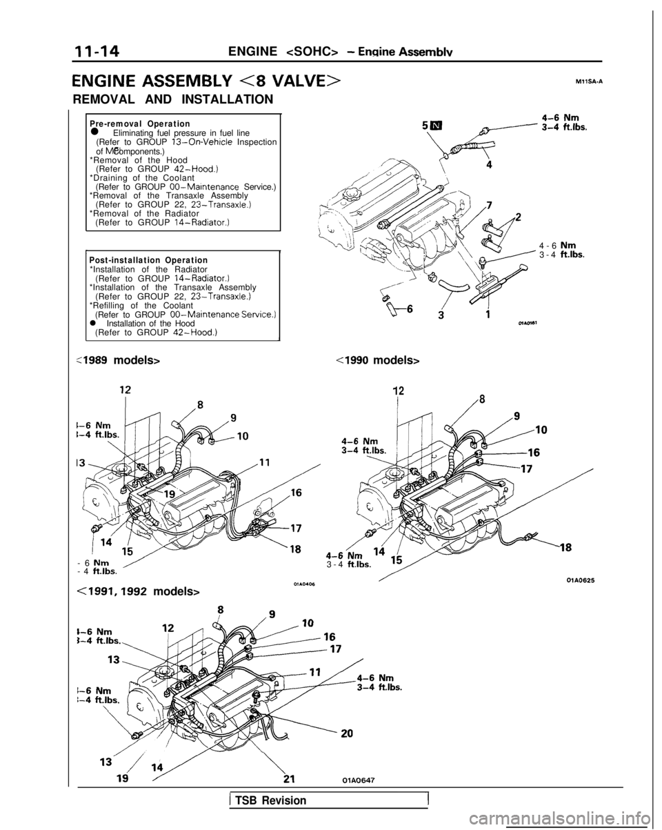 MITSUBISHI GALANT 1989  Service Manual PDF II-14ENGINE <SOHC> - Ennine AssemblvENGINE
  ASSEMBLY
 
(8 VALVE>
REMOVAL AND INSTALLATION
Pre-removal Operationl Eliminating fuel pressure in fuel line
(Refer to GROUP 13-On-Vehicle Inspection
of  MF