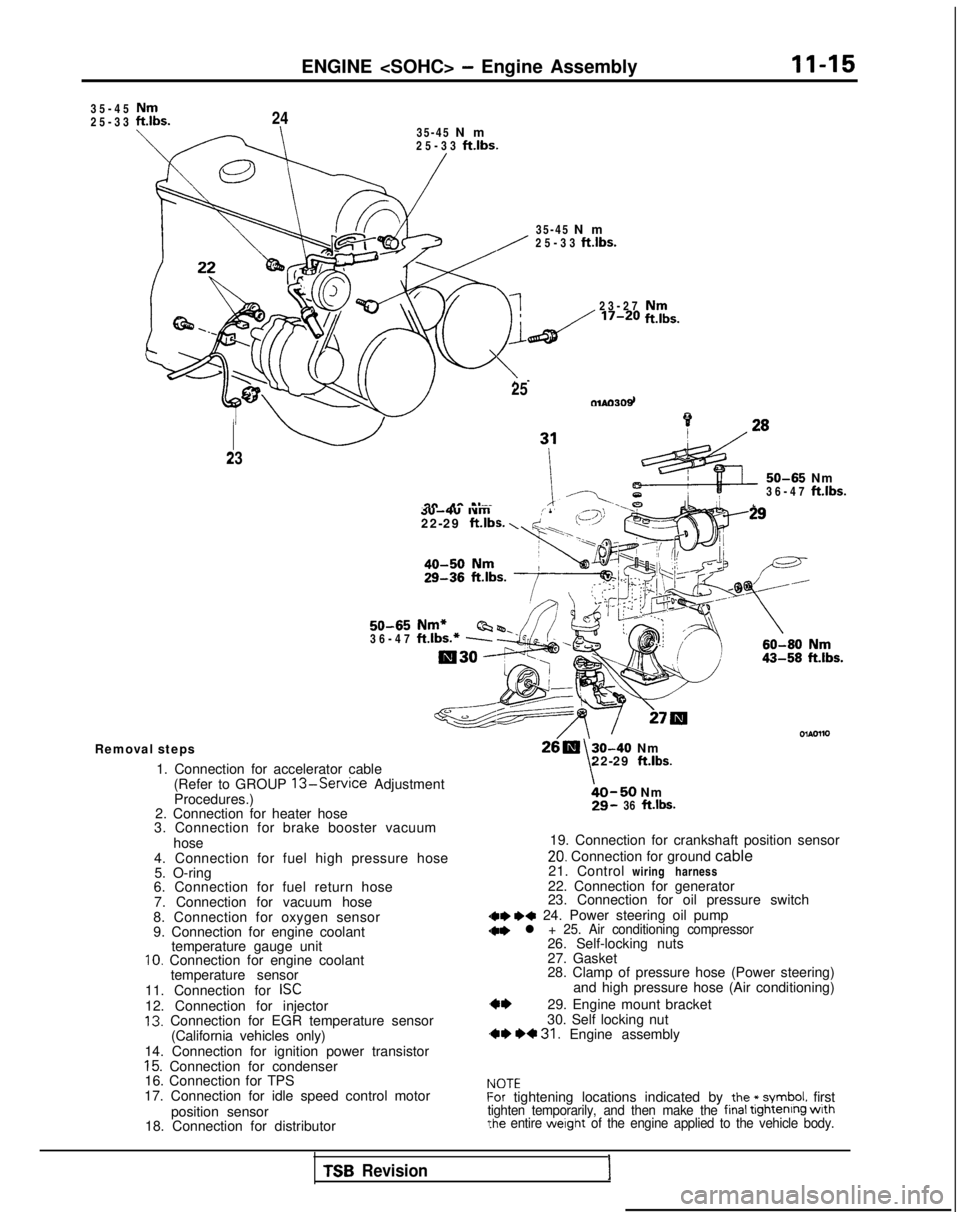 MITSUBISHI GALANT 1989  Service Repair Manual ENGINE <SOHC> - Engine Assembly11-15
35-4

5
25-33 35-45 Nm
25-33 
ft.lbs.
24
35-45  N
 m
25-33 
ft.lbs.
23-2
 7
250166309
I23
:l;nbs.
50-65 Nm
36-47 ft.lbs.
dv--iu wm: ’22-29 ft.lbs. \ d.(,(I3L i�