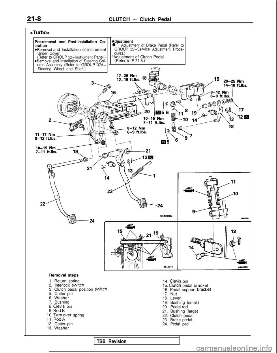 MITSUBISHI GALANT 1989 Service Repair Manual 21-8CLUTCH- Clutch Pedal
<Turbo>
Pre-removal and Post-installation Op-eration*Removal and Installation of instrumentUnder Cover
(Refer to GROUP 52-Instrument Panel.)*Removal and Installation of Steer MITSUBISHI GALANT 1989 Service Repair Manual 21-8CLUTCH- Clutch Pedal
<Turbo>
Pre-removal and Post-installation Op-eration*Removal and Installation of instrumentUnder Cover
(Refer to GROUP 52-Instrument Panel.)*Removal and Installation of Steer