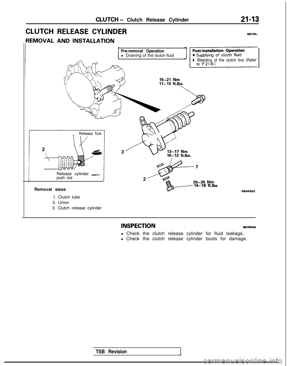 MITSUBISHI GALANT 1989  Service Repair Manual CLUTCH - Clutch Release Cylinder
CLUTCH RELEASE CYLINDER
{EMOVAL AND INSTALLATION
Pre-removal Operationl Draining of the clutch fluidl Bleeding of the clutch line (Refer
Release cylinder O(Ivl,,push r
