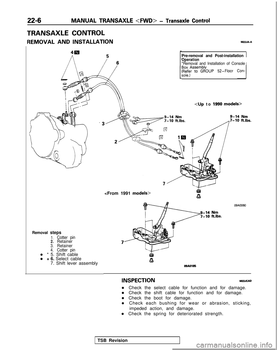 MITSUBISHI GALANT 1989  Service Repair Manual 22-6MANUAL TRANSAXLE <FWD>
 - Transaxle Control
TRANSAXLE CONTROL
REMOVAL AND INSTALLATION hl22JA-A
Removal steps
1.Cotter pin
2. Retainer
3.Retainer4.Cotter pinl * 5. Shift cable
l + 6. Select cable
