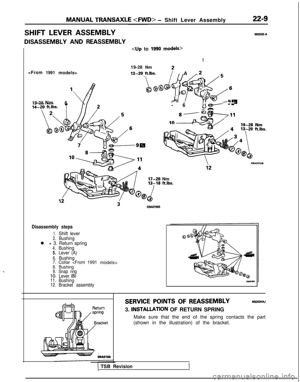 MITSUBISHI GALANT 1989 Service Repair Manual MANUAL TRANSAXLE <FWD>
- Shift Lever Assembly
SHIFT LEVER ASSEMBLYMZZGE-A
DISASSEMBLY AND REASSEMBLY
<upto 1990models>
1
19-28Nm
<From1991models>13-20\ft.lbs.12 A .2
19-28 Nm6-
6
w*- “y
k!3
m8 /
1 MITSUBISHI GALANT 1989 Service Repair Manual MANUAL TRANSAXLE <FWD>
- Shift Lever Assembly
SHIFT LEVER ASSEMBLYMZZGE-A
DISASSEMBLY AND REASSEMBLY
<upto 1990models>
1
19-28Nm
<From1991models>13-20\ft.lbs.12 A .2
19-28 Nm6-
6
w*- “y
k!3
m8 /
1