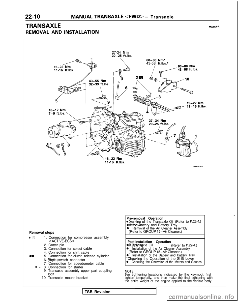MITSUBISHI GALANT 1989 Service Repair Manual 22-10MANUAL TRANSAXLE <FVVD> - Transaxl
e
TRANSAXLE
REMOVAL AND INSTALLATION
MZMA-A
27-34 Nm20-25 ft.lbs.
60-80
Nm*
43-58 ft.lbs.*
11-16
ft.lbs.71
11-16 ftlbs.
Removal steps
l *1, Connection for co MITSUBISHI GALANT 1989 Service Repair Manual 22-10MANUAL TRANSAXLE <FVVD> - Transaxl
e
TRANSAXLE
REMOVAL AND INSTALLATION
MZMA-A
27-34 Nm20-25 ft.lbs.
60-80
Nm*
43-58 ft.lbs.*
11-16
ft.lbs.71
11-16 ftlbs.
Removal steps
l *1, Connection for co