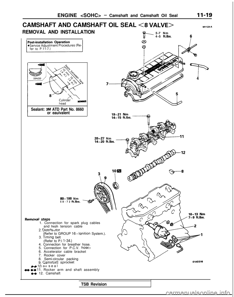 MITSUBISHI GALANT 1989  Service Manual PDF ENGINE <SOHC>- Camshaft and Camshaft Oil SealII-19
CAMSHAFT AND CAMSHAFT OIL SEAL <8 
VALVE>MllZA-A
REMOVAL AND INSTALLATION
v--
5-7 Nm
4-5 ft.lbs.
0
0 I‘
‘p4
Sealant: 
3M ATD Part No. 8660
or eau