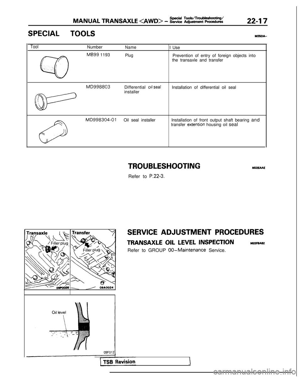 MITSUBISHI GALANT 1989 Service Repair Manual MANUAL TRANSAXLE <AWD> - k% :;%t,rtb’kkii%i22-l 7
SPECIAL TOOLSMZSDA-
ToolNumberNameI Use
w
MB99
1193
r
PlugPrevention of entry of foreign objects into
the transaxle and transfer
L
MD998803Differen MITSUBISHI GALANT 1989 Service Repair Manual MANUAL TRANSAXLE <AWD> - k% :;%t,rtb’kkii%i22-l 7
SPECIAL TOOLSMZSDA-
ToolNumberNameI Use
w
MB99
1193
r
PlugPrevention of entry of foreign objects into
the transaxle and transfer
L
MD998803Differen