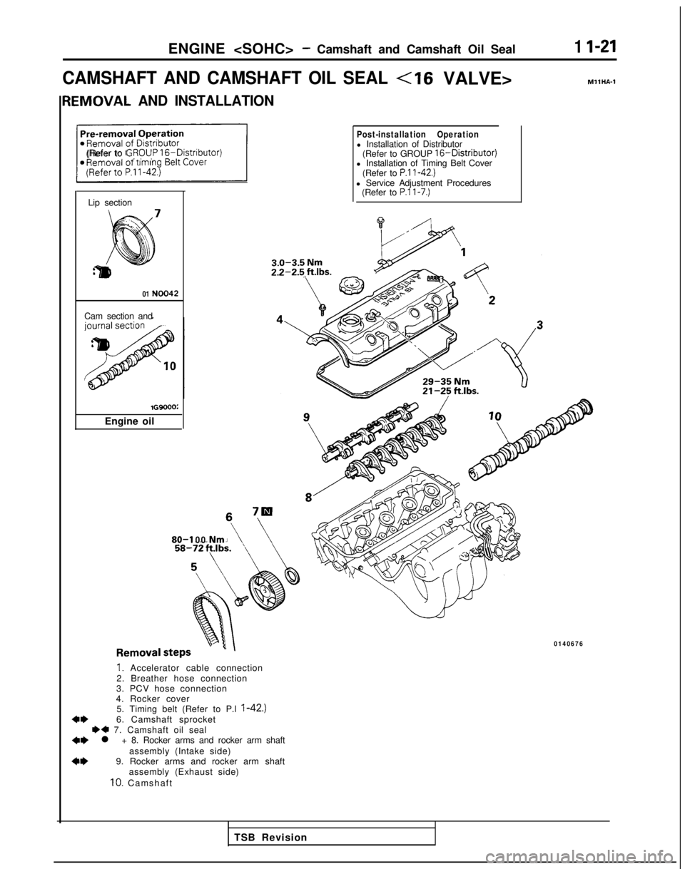 MITSUBISHI GALANT 1989 Service Manual PDF ENGINE <SOHC>- Camshaft and Camshaft Oil Seal1 I-21
CAMSHAFT AND CAMSHAFT OIL SEAL<I6 VALVE>MllHA-1
IEMOVAL AND INSTALLATION
1(Refer to GRPUP 16-Distnbutor)
Lip section
01
NO042
Cam section and lG900 MITSUBISHI GALANT 1989 Service Manual PDF ENGINE <SOHC>- Camshaft and Camshaft Oil Seal1 I-21
CAMSHAFT AND CAMSHAFT OIL SEAL<I6 VALVE>MllHA-1
IEMOVAL AND INSTALLATION
1(Refer to GRPUP 16-Distnbutor)
Lip section
01
NO042
Cam section and lG900
