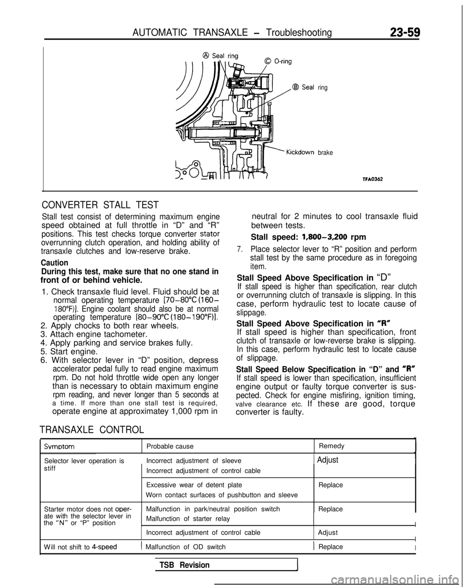 MITSUBISHI GALANT 1989 Service Repair Manual AUTOMATIC TRANSAXLE - Troubleshooting23-59
ring
brake
CONVERTER STALL TEST
Stall test consist of determining maximum engine
speed obtained at full throttle in “D” and “R”
positions. This test MITSUBISHI GALANT 1989 Service Repair Manual AUTOMATIC TRANSAXLE - Troubleshooting23-59
ring
brake
CONVERTER STALL TEST
Stall test consist of determining maximum engine
speed obtained at full throttle in “D” and “R”
positions. This test