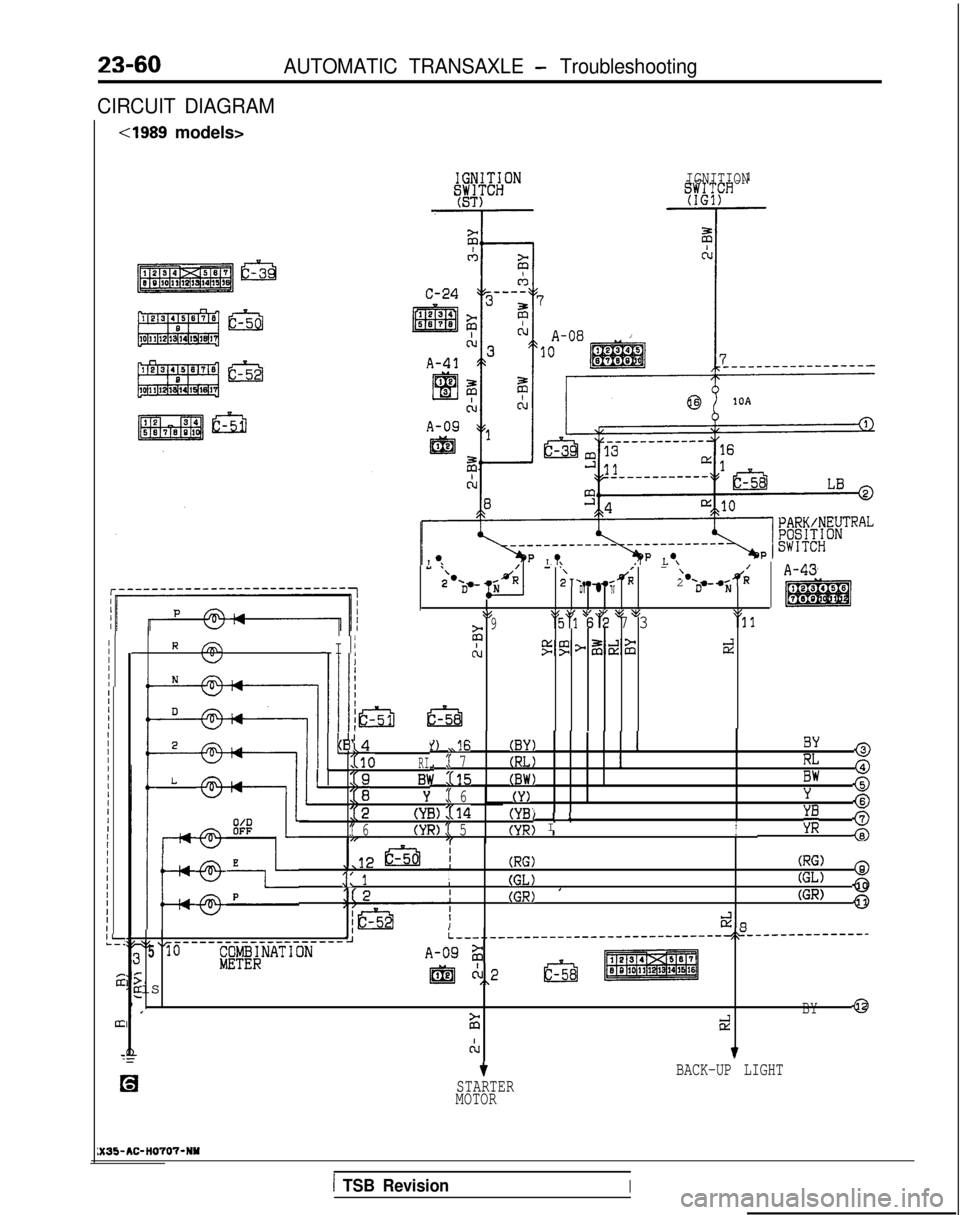 MITSUBISHI GALANT 1989 Service Repair Manual 23-60AUTOMATIC TRANSAXLE - Troubleshooting
CIRCUIT DIAGRAM
cl989 models>
IGNITION
- ‘\- ‘\I-/.d2 -s/R‘*A-432.‘Da-2‘-- RD* l ND N
\$\I \I $6 >’ pg $5\I
- I 1:29‘ki 62 7 311
AJ5gp&%dII - MITSUBISHI GALANT 1989 Service Repair Manual 23-60AUTOMATIC TRANSAXLE - Troubleshooting
CIRCUIT DIAGRAM
cl989 models>
IGNITION
- ‘\- ‘\I-/.d2 -s/R‘*A-432.‘Da-2‘-- RD* l ND N
\$\I \I $6 >’ pg $5\I
- I 1:29‘ki 62 7 311
AJ5gp&%dII -